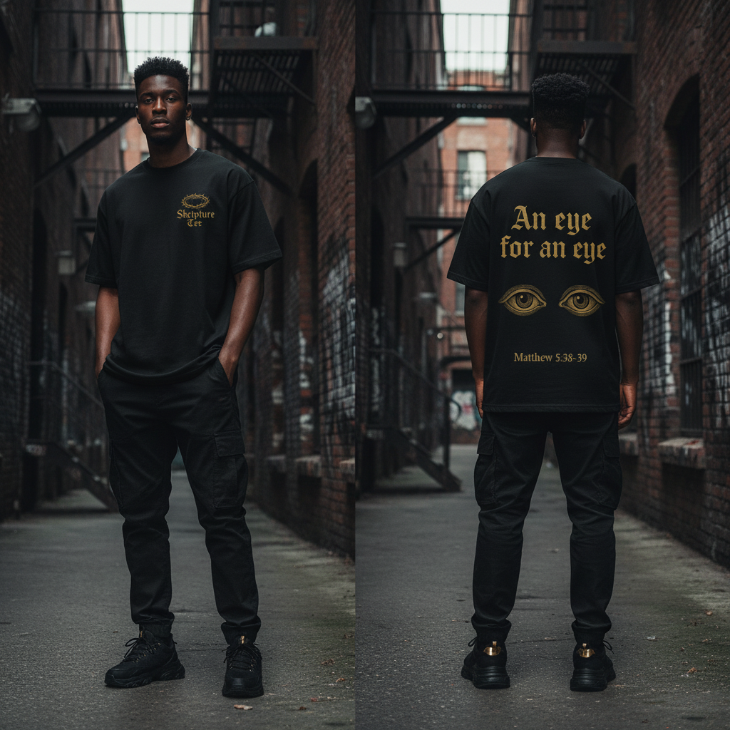 Matthew 5:38-39 An Eye for an Eye black faith tee heavyweight oversized fit on male model