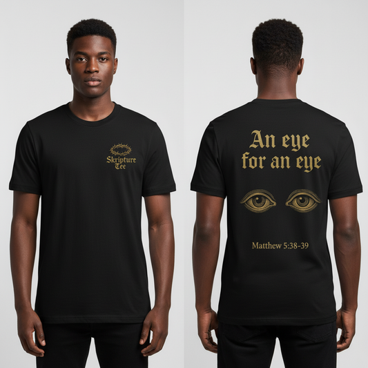 Matthew 5:38-39 An Eye for an Eye faith tee studio shot showing front and back design with metallic gold lettering