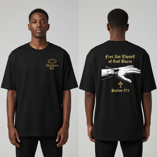 Psalm 37:1 Fret Not Thyself black faith tee heavyweight oversized front and back view