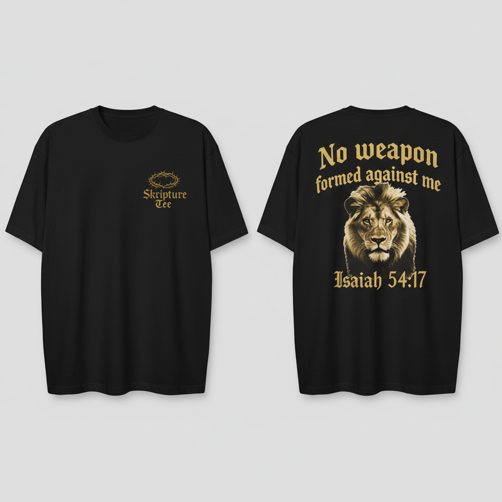 Isaiah 54:17 No Weapon Formed Against Me black faith tee heavyweight front and back view with lion illustration