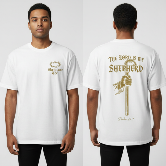 Psalm 23:1 The Lord Is My Shepherd white faith tee heavyweight oversized front and back view