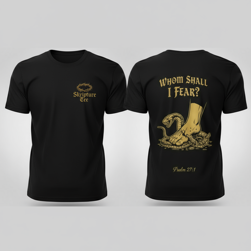 Psalm 27:1 Whom Shall I Fear black faith tee heavyweight front and back view with serpent design