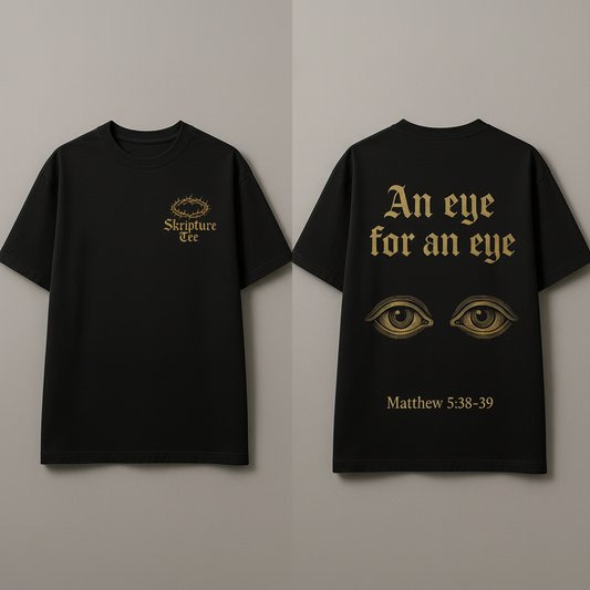 "Matthew 5:38-39 An Eye for an Eye charcoal gray faith tee heavyweight with dual eye design and gothic typography