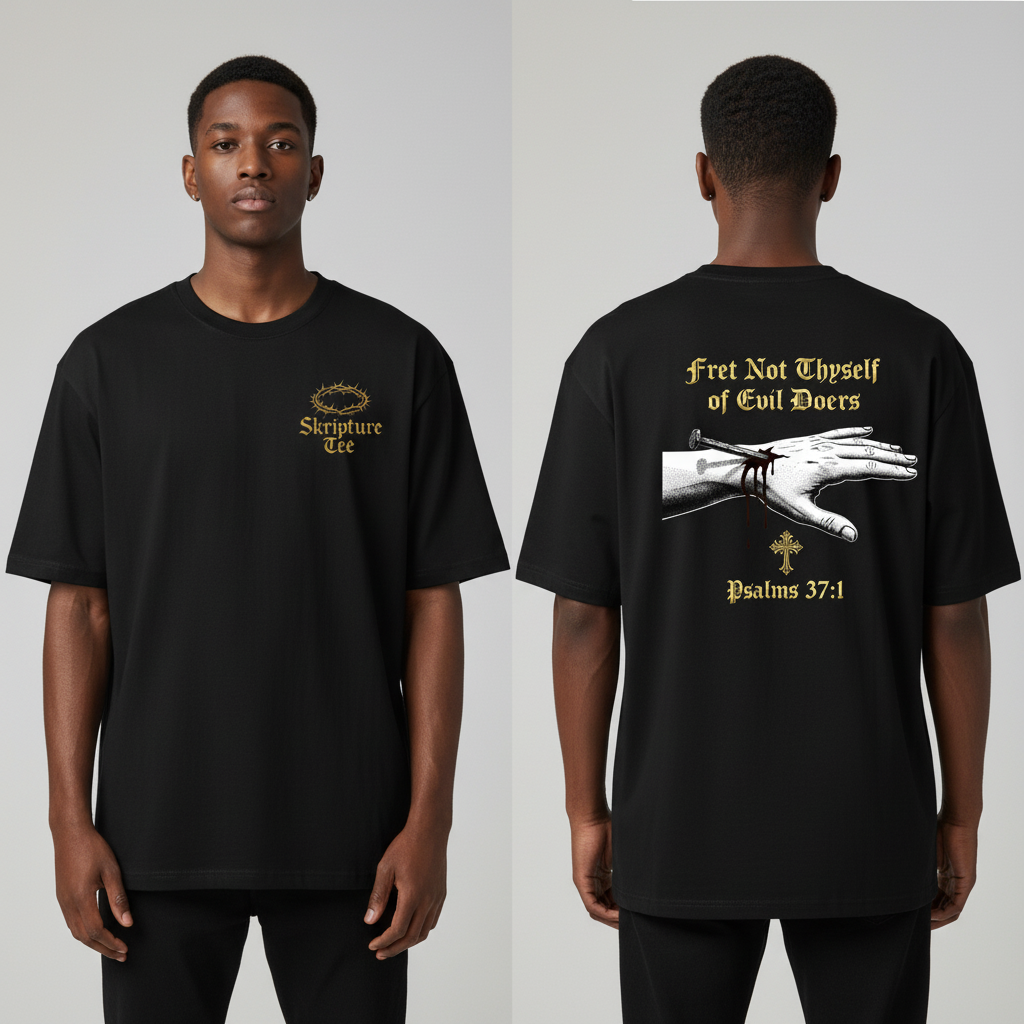 Psalm 37:1 Fret Not Thyself black faith tee heavyweight oversized front and back view