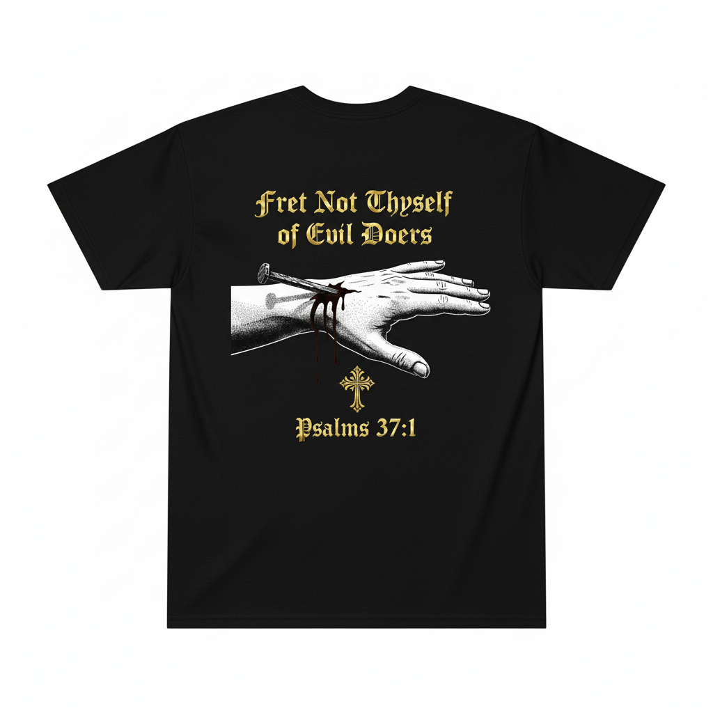 Psalm 37:1 Fret Not Thyself black tee back flat lay with pierced hand design