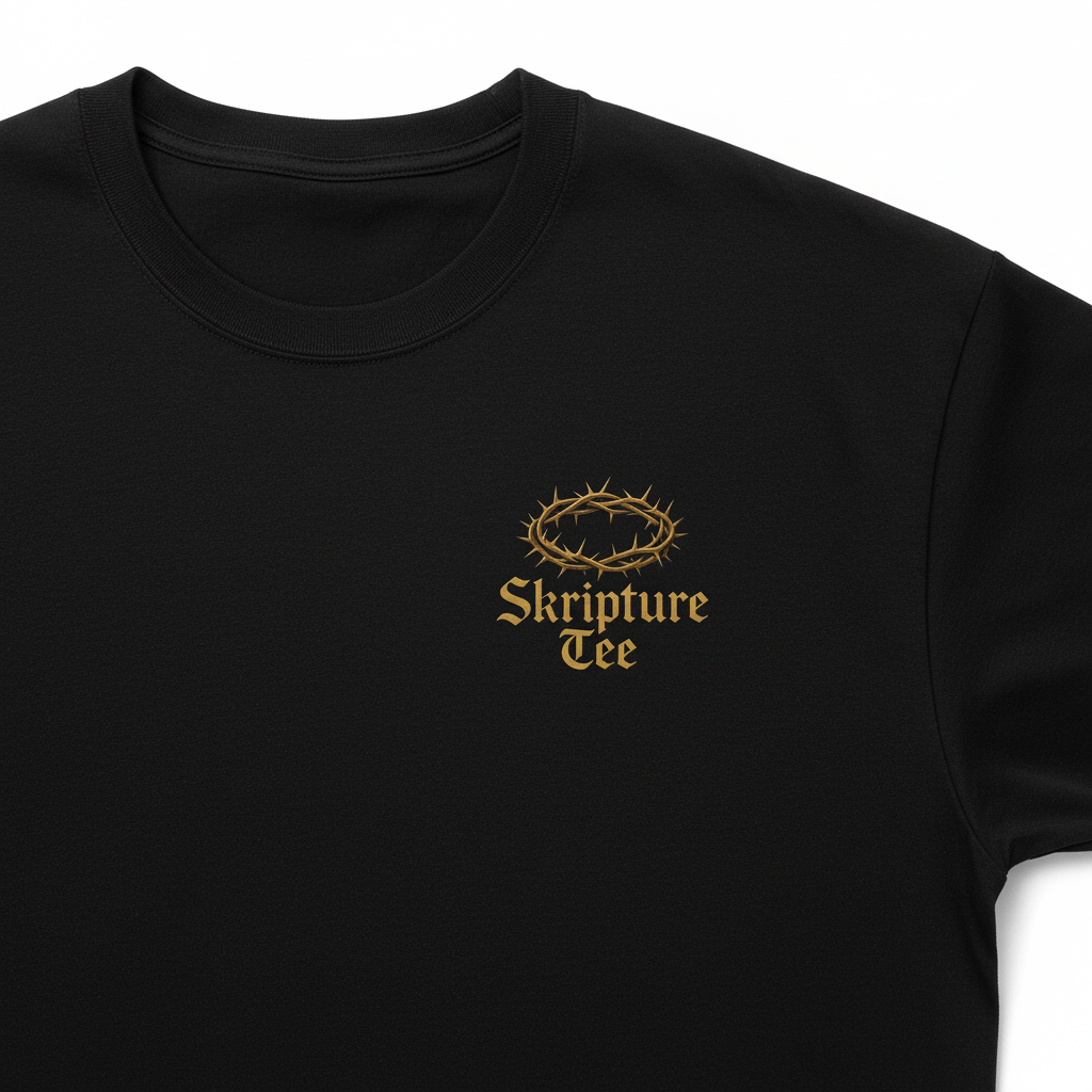 "Psalm 37:1 Fret Not Thyself black tee front flat lay with crown of thorns logo