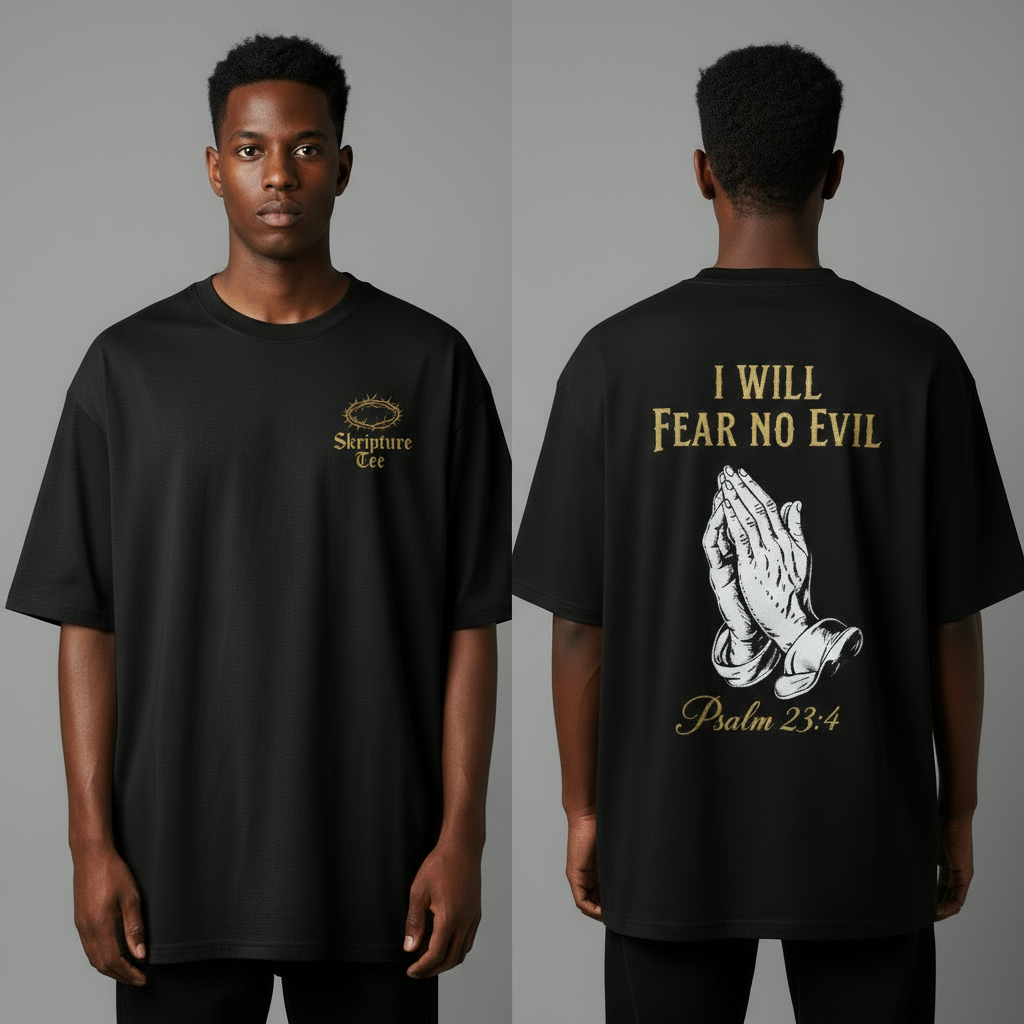 "Psalm 23:4 I Will Fear No Evil black faith tee heavyweight oversized front and back with praying hands design
