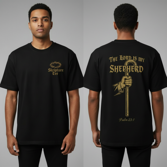 Psalm 23:1 The Lord Is My Shepherd black faith tee heavyweight with shepherd rod design