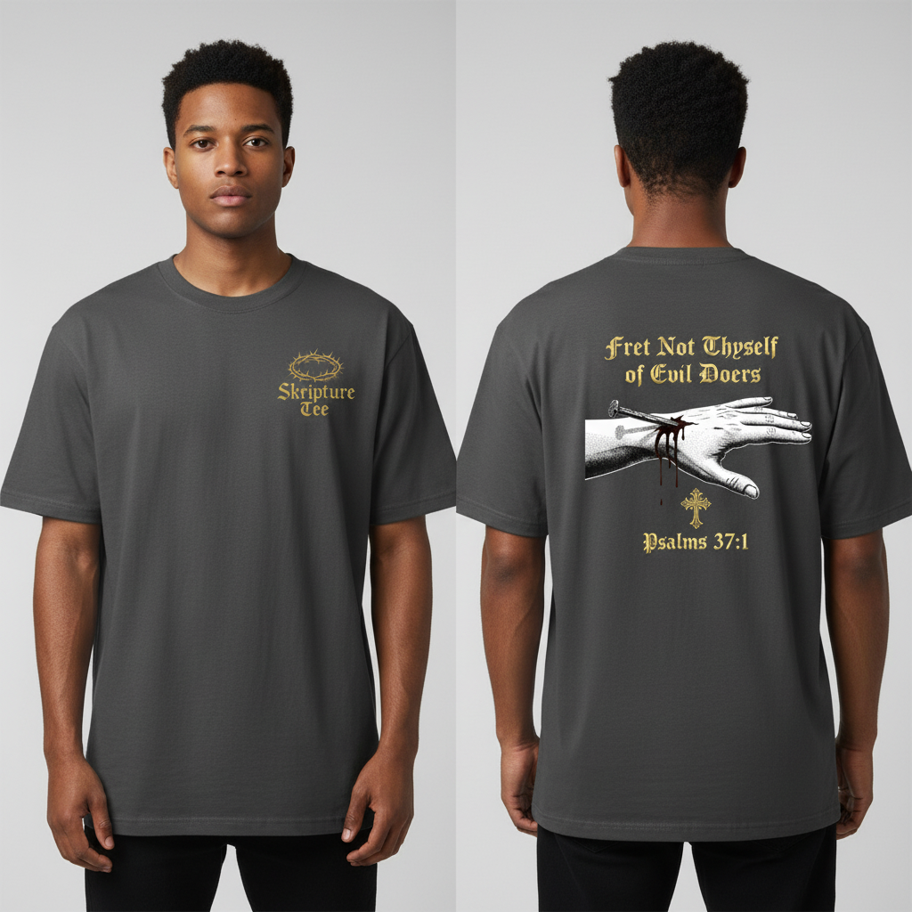 "Psalm 37:1 Fret Not Thyself charcoal gray faith tee heavyweight oversized front and back view