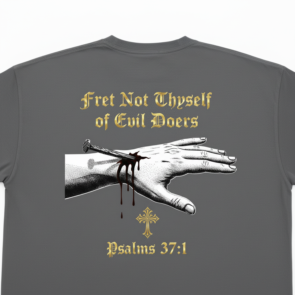 Psalm 37:1 Fret Not Thyself charcoal gray tee back with pierced hand design