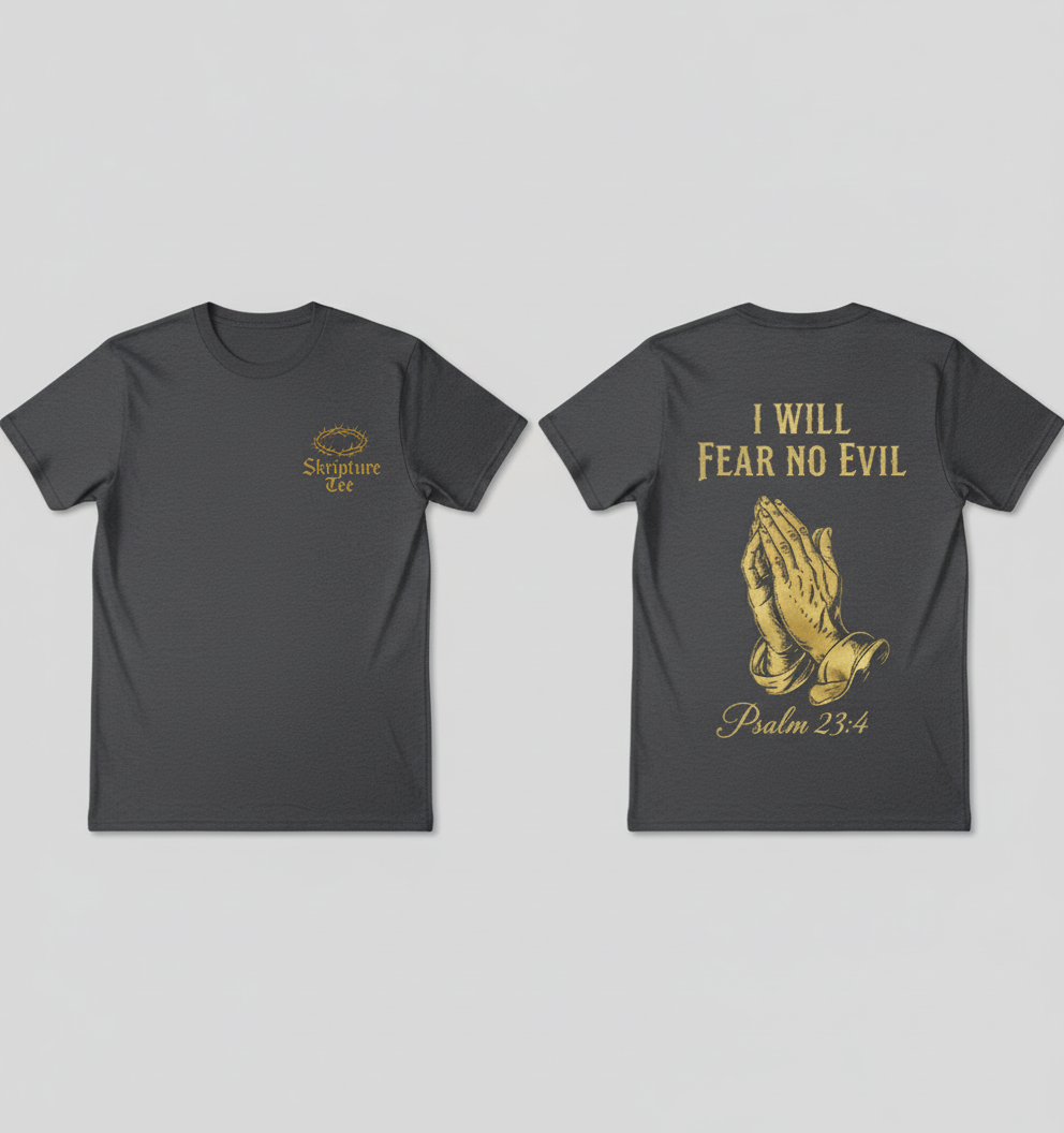 Psalm 23:4 I Will Fear No Evil charcoal gray faith tee on model showing oversized streetwear fit