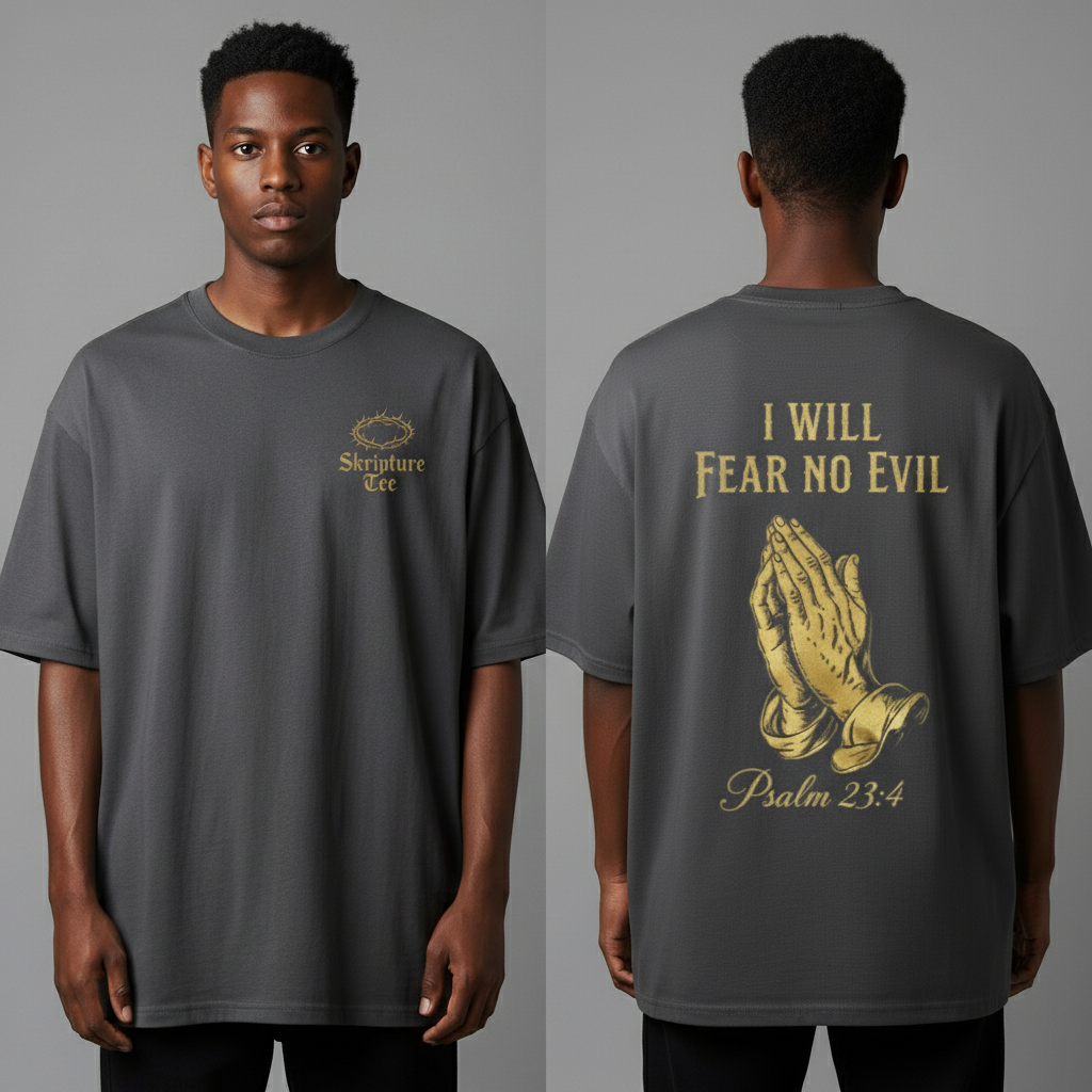 Psalm 23:4 I Will Fear No Evil charcoal gray faith tee heavyweight oversized front and back with praying hands design