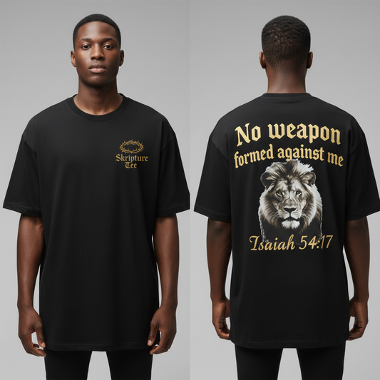 Isaiah 54:17 No Weapon Formed Against Me black faith tee heavyweight oversized fit on model with lion design