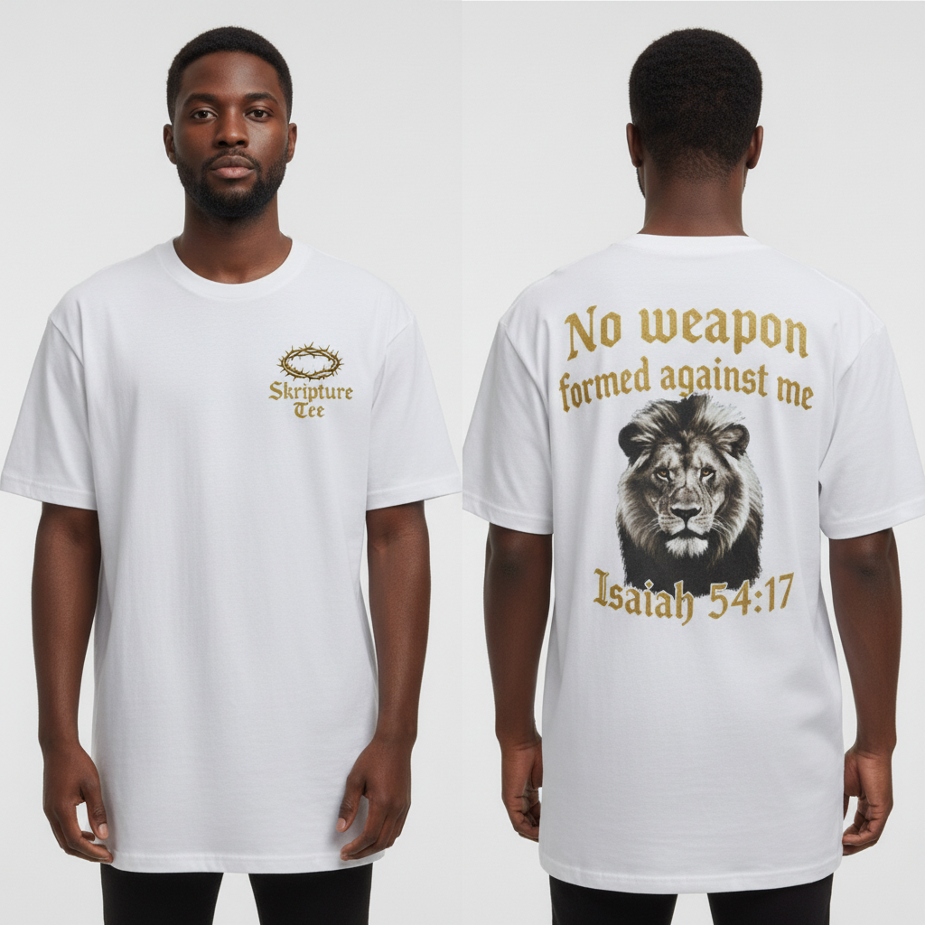 Isaiah 54:17 No Weapon Formed Against Me white faith tee heavyweight oversized fit on model with lion design