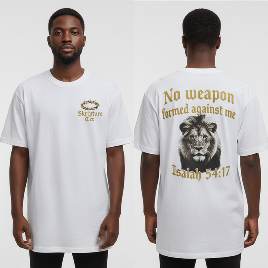 Isaiah 54:17 No Weapon Formed Against Me white faith tee heavyweight oversized fit on model with lion design