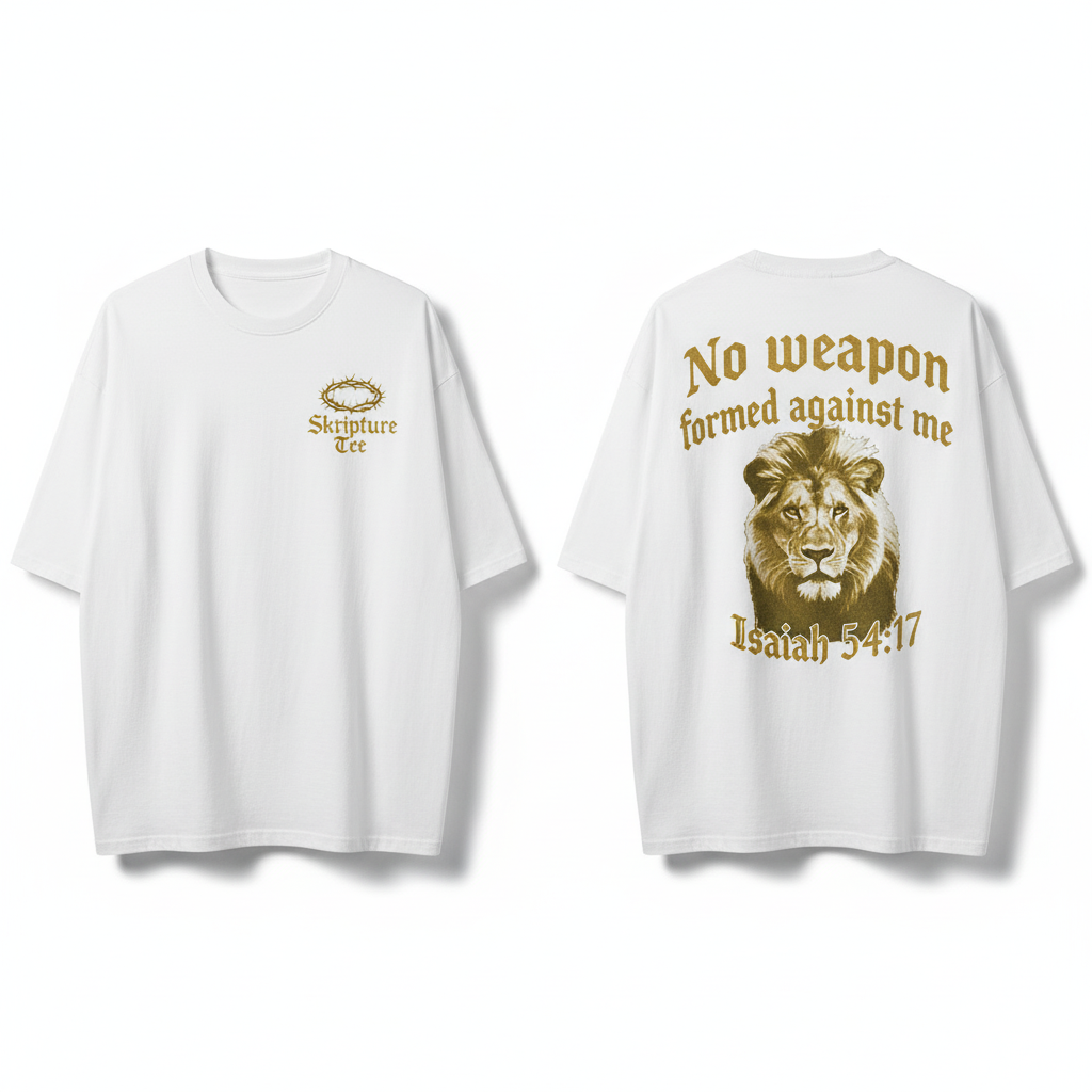 Isaiah 54:17 No Weapon Formed Against Me white faith tee front and back with majestic lion and metallic gold typography