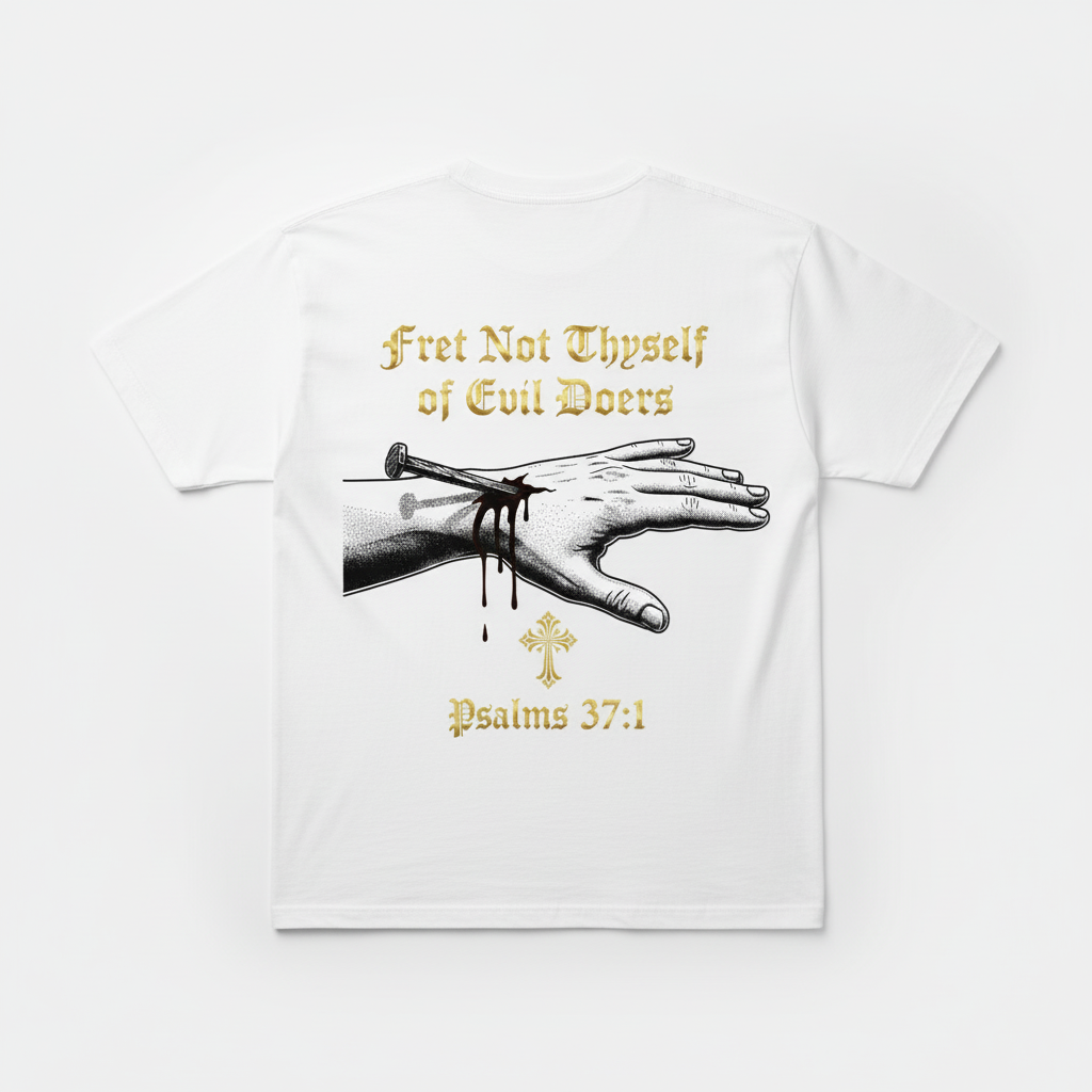 Psalm 37:1 Fret Not Thyself white tee back flat lay with pierced hand design