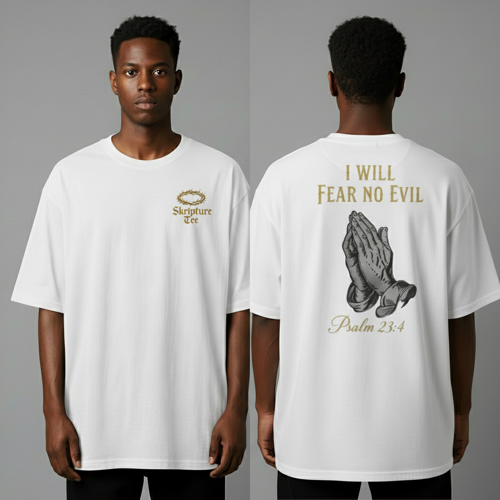 Psalm 23:4 I Will Fear No Evil white faith tee heavyweight oversized front and back with metallic gold typography