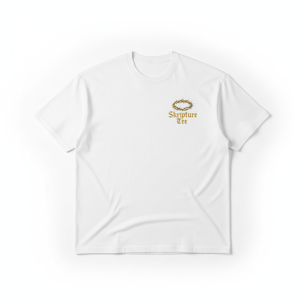 Psalm 37:1 Fret Not Thyself white tee front flat lay with crown of thorns logo