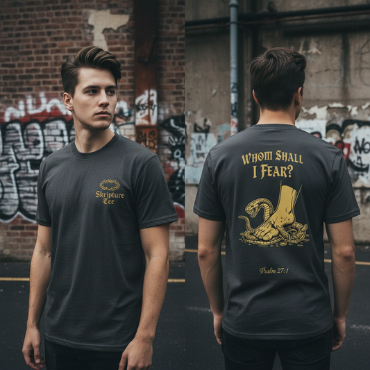 Psalm 27:1 Whom Shall I Fear charcoal gray faith tee heavyweight oversized streetwear fit on model