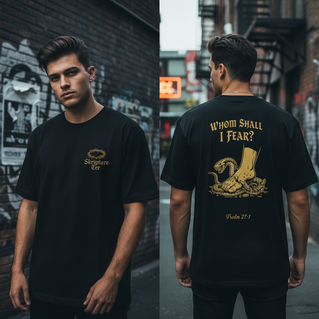 Psalm 27:1 Whom Shall I Fear black faith tee heavyweight with foot crushing serpent design streetwear style
