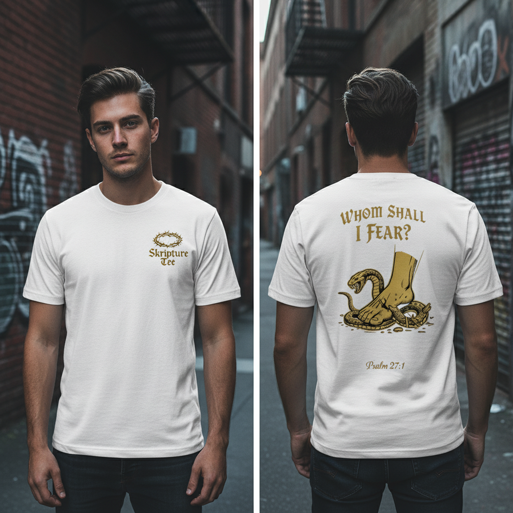 Psalm 27:1 Whom Shall I Fear white faith tee heavyweight oversized streetwear fit on model