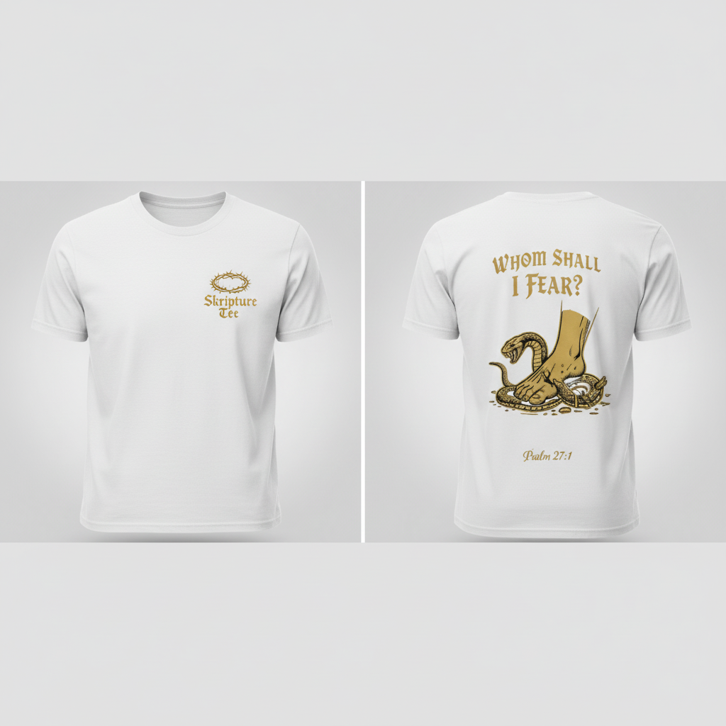 Psalm 27:1 Whom Shall I Fear white faith tee front and back with metallic gold gothic typography